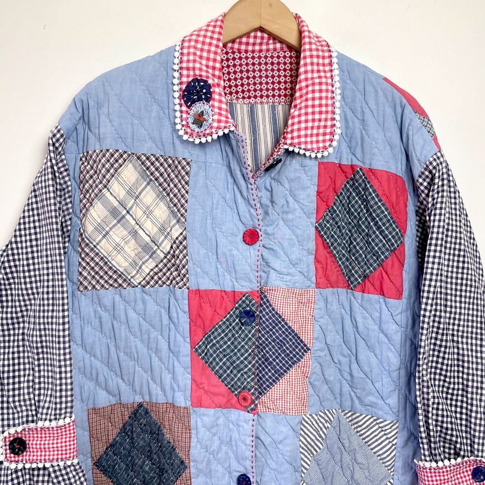 Vintage Handmade Patchwork Quilt Jacket Sz XL Cottagecore Americana Prairie Folk - Picture 5 of 13